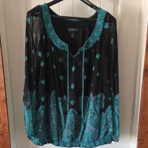 INC International Concepts Black and Teal Patterned Blouse